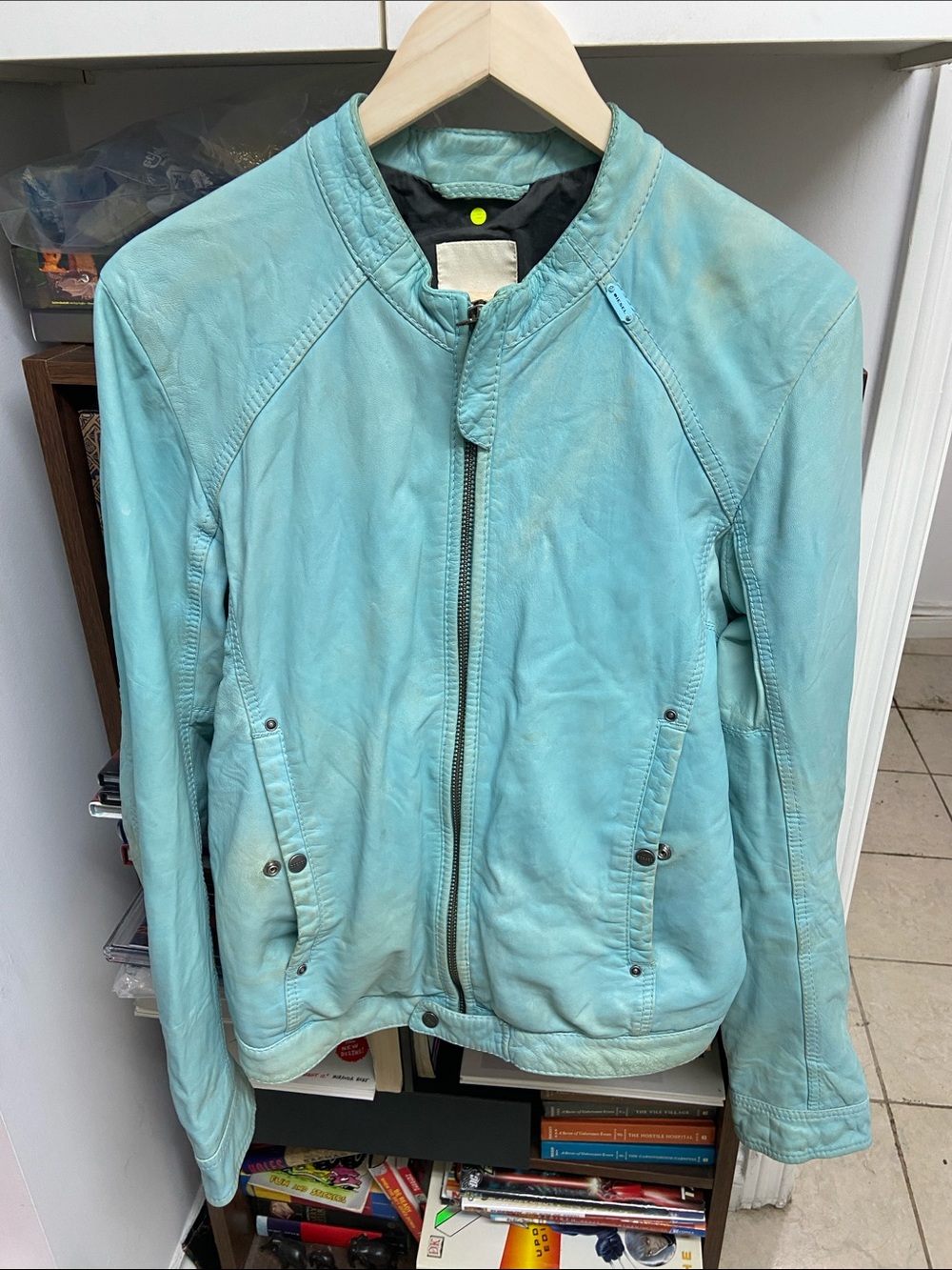 Vintage Diesel Baby Blue 100% Lamb Leather Biker Jacket